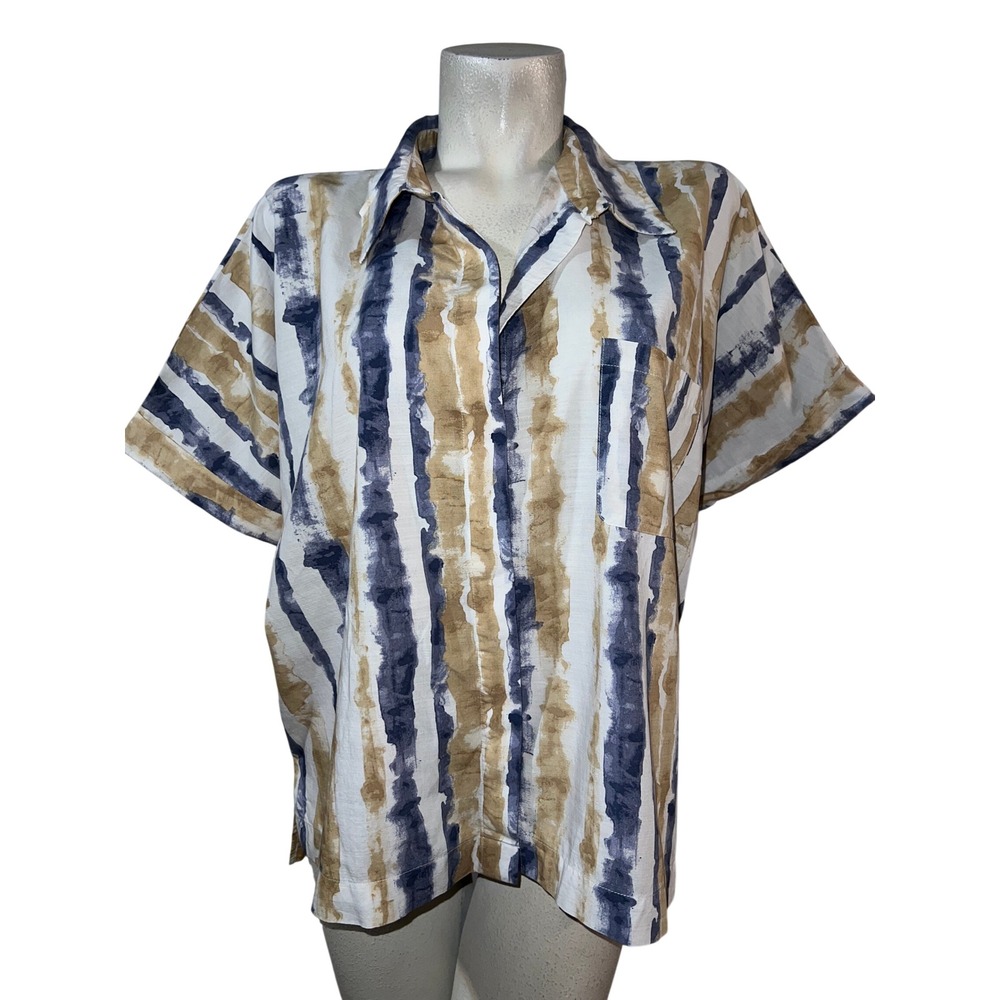Ann Taylor Factory Blue Tan Watercolor Stripe Button Down Shirt Womens XL Cotton